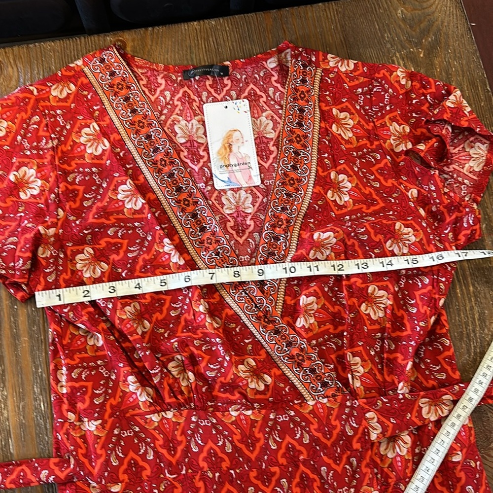 NEW Sexy Boho Style Wrap Floral Print Summer Long Red gold V-Neck Maxi Dress M - Picture 13 of 17